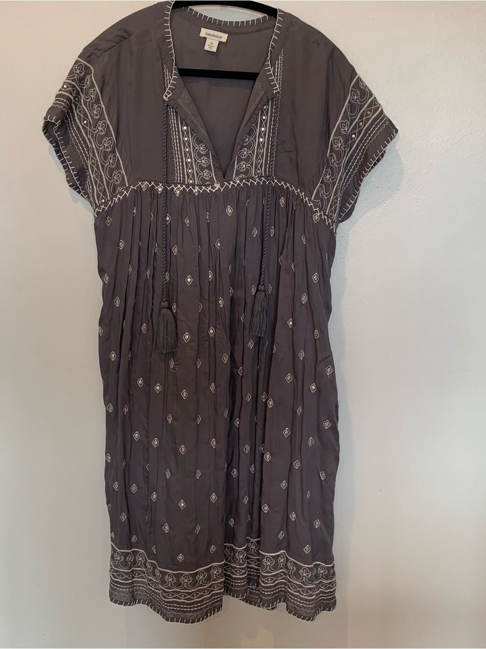 Sundance Gray Aura Embroidered Boho Sequin V-Neck Tunic Dress